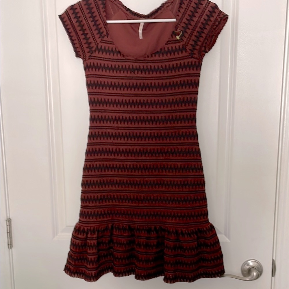 Free People Red Ribbed Ruffled Mini Dress